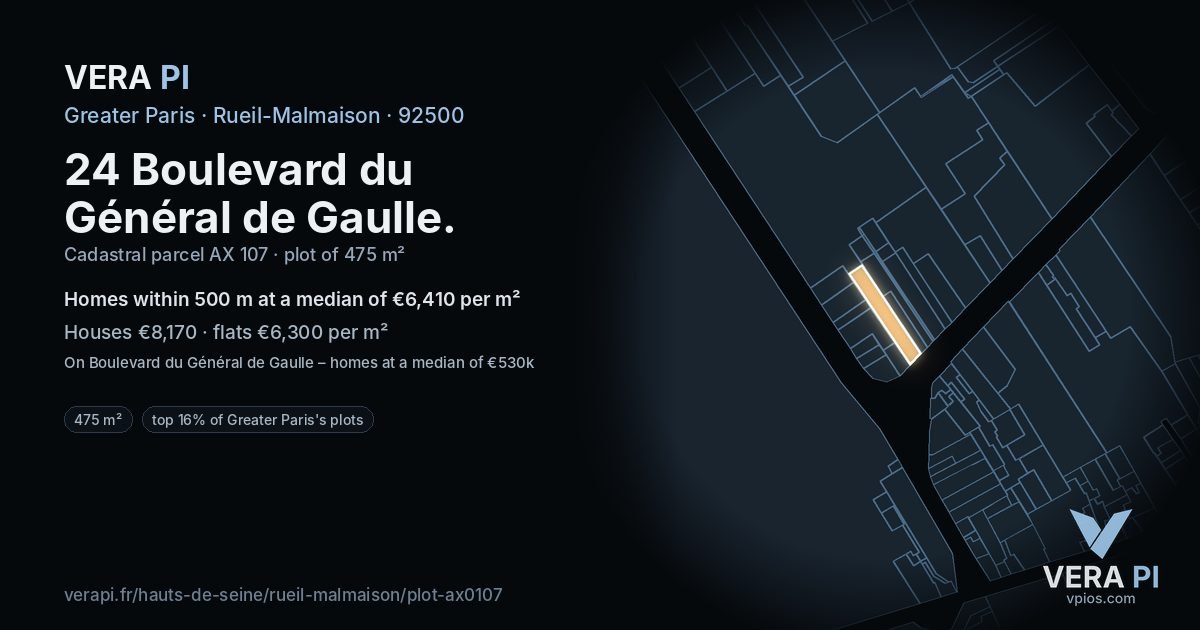 24 Boulevard du Général de Gaulle, Rueil-Malmaison at night – the plot lit, the parcels around coloured by the prices near them