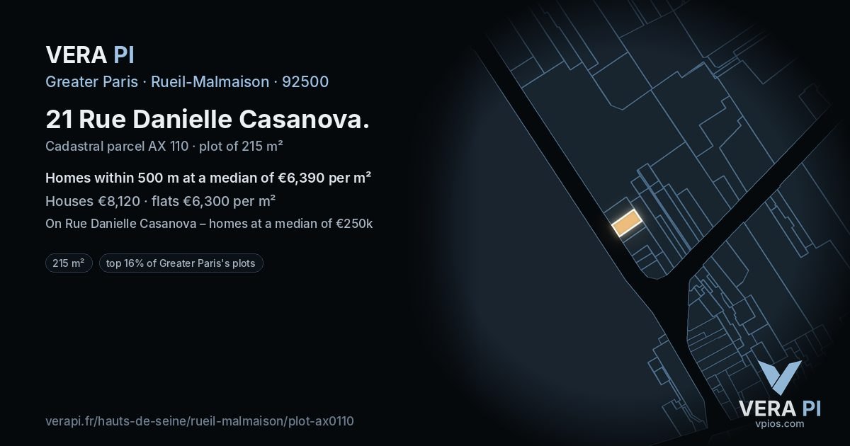 21 Rue Danielle Casanova, Rueil-Malmaison at night – the plot lit, the parcels around coloured by the prices near them