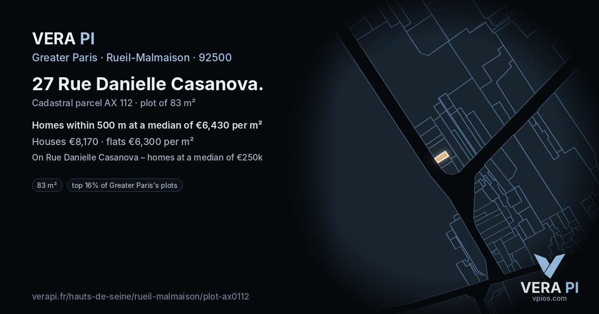 27 Rue Danielle Casanova, Rueil-Malmaison at night – the plot lit, the parcels around coloured by the prices near them