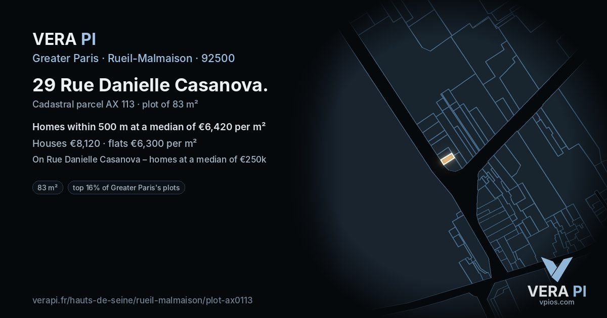 29 Rue Danielle Casanova, Rueil-Malmaison at night – the plot lit, the parcels around coloured by the prices near them