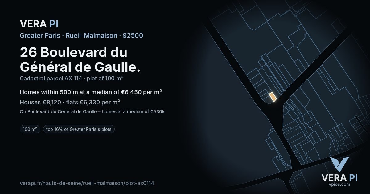26 Boulevard du Général de Gaulle, Rueil-Malmaison at night – the plot lit, the parcels around coloured by the prices near them