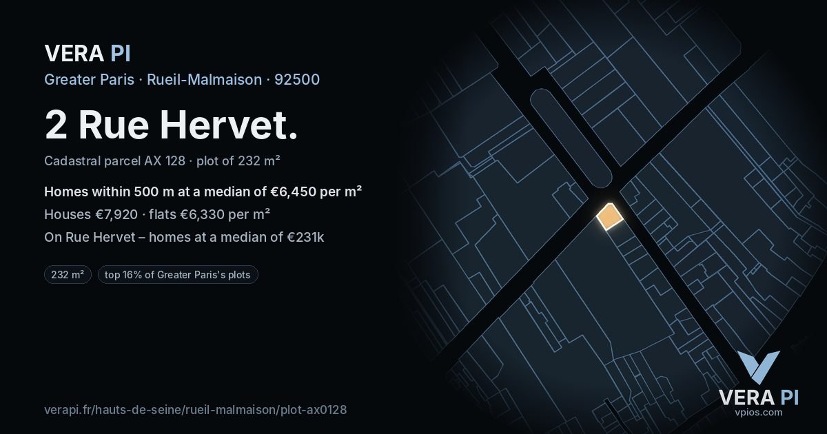 2 Rue Hervet, Rueil-Malmaison at night – the plot lit, the parcels around coloured by the prices near them