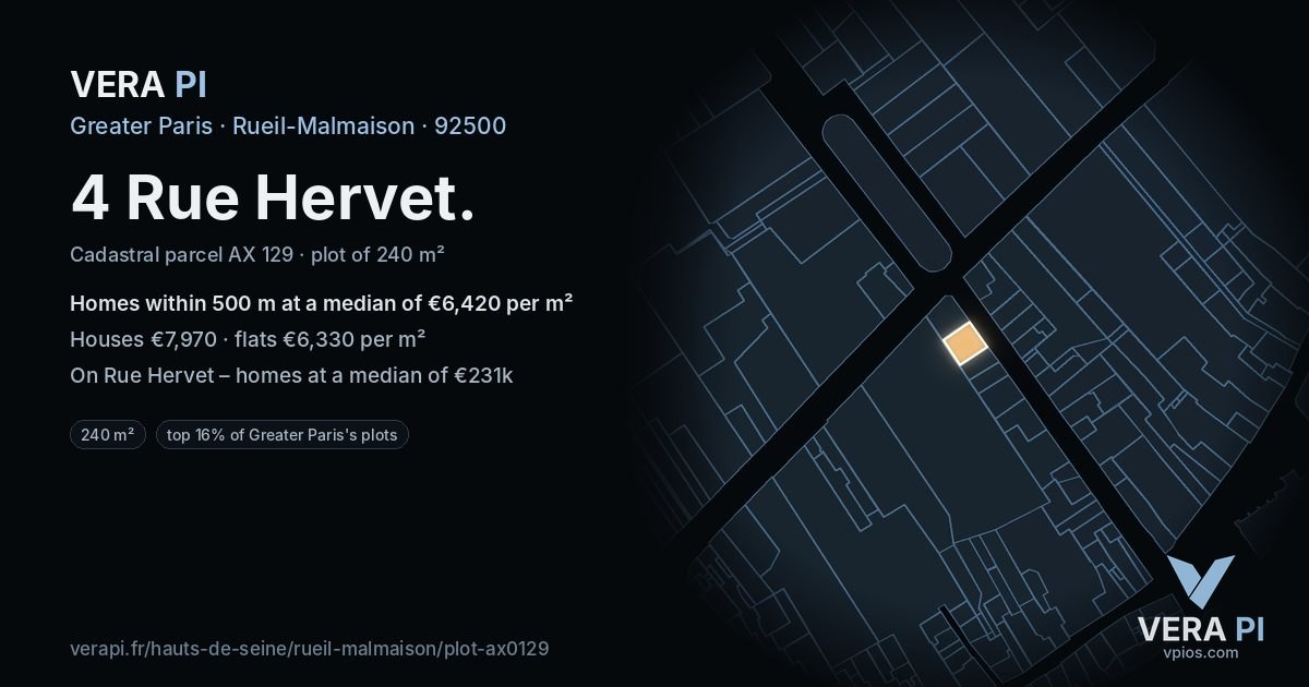 4 Rue Hervet, Rueil-Malmaison at night – the plot lit, the parcels around coloured by the prices near them