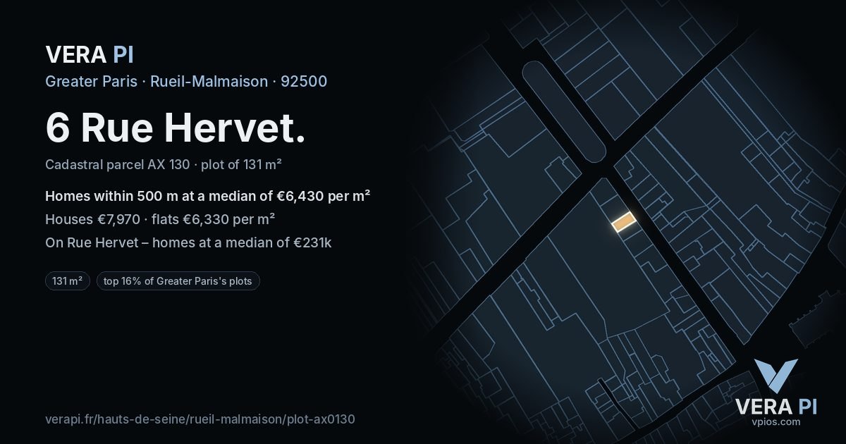 6 Rue Hervet, Rueil-Malmaison at night – the plot lit, the parcels around coloured by the prices near them