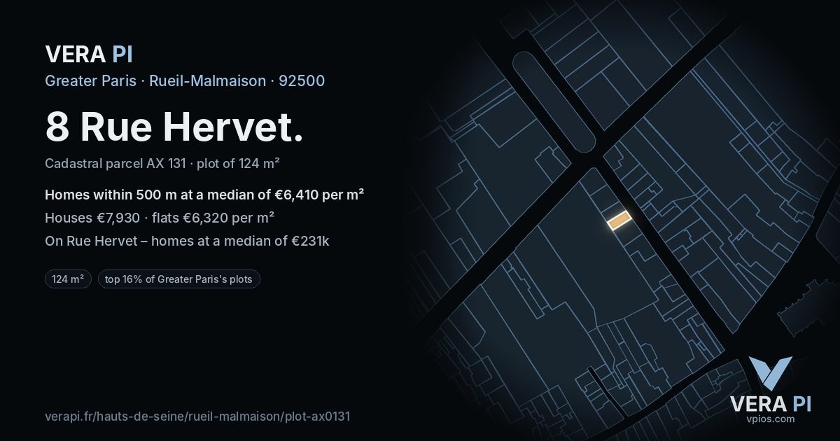8 Rue Hervet, Rueil-Malmaison at night – the plot lit, the parcels around coloured by the prices near them