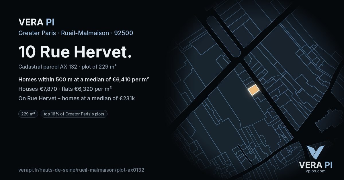 10 Rue Hervet, Rueil-Malmaison at night – the plot lit, the parcels around coloured by the prices near them