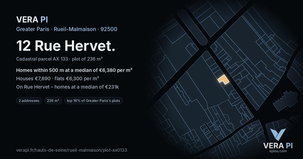 12 Rue Hervet, Rueil-Malmaison at night – the plot lit, the parcels around coloured by the prices near them