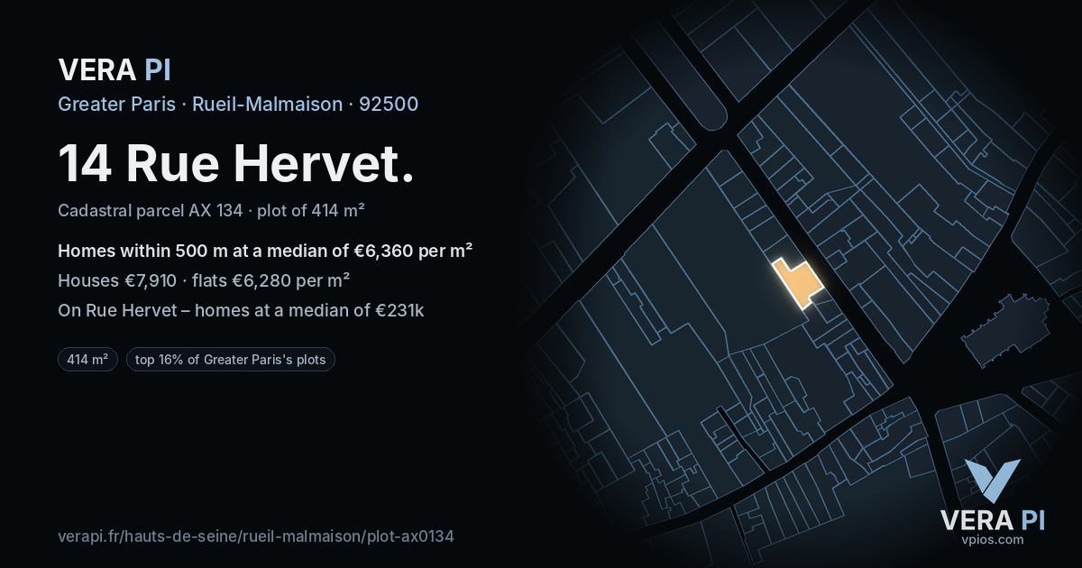 14 Rue Hervet, Rueil-Malmaison at night – the plot lit, the parcels around coloured by the prices near them