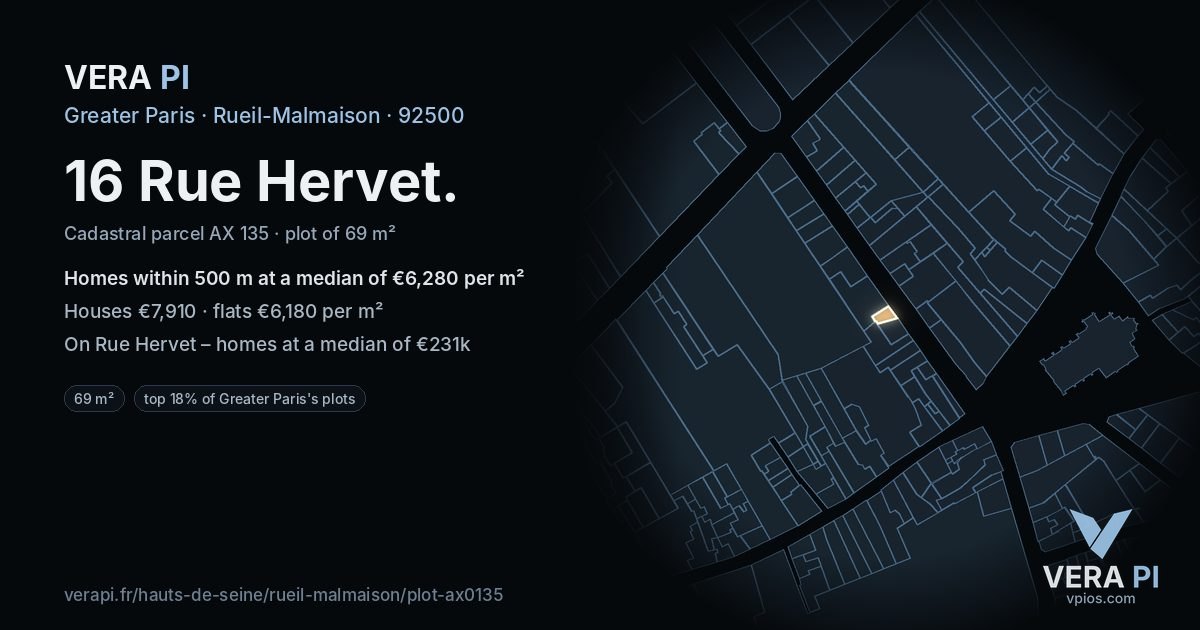 16 Rue Hervet, Rueil-Malmaison at night – the plot lit, the parcels around coloured by the prices near them