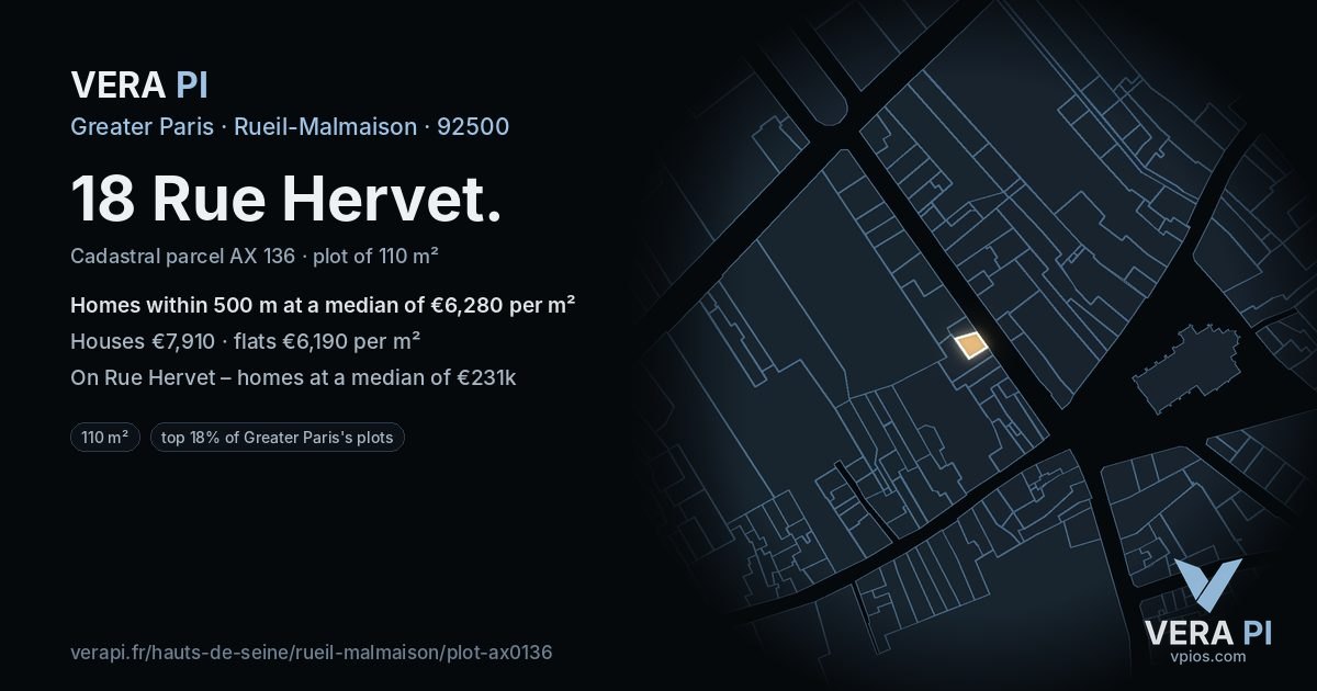 18 Rue Hervet, Rueil-Malmaison at night – the plot lit, the parcels around coloured by the prices near them