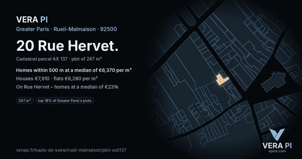 20 Rue Hervet, Rueil-Malmaison at night – the plot lit, the parcels around coloured by the prices near them