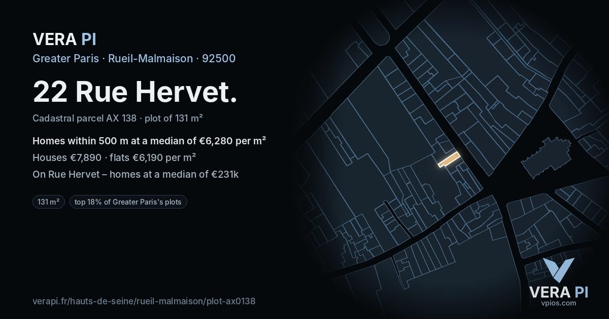 22 Rue Hervet, Rueil-Malmaison at night – the plot lit, the parcels around coloured by the prices near them