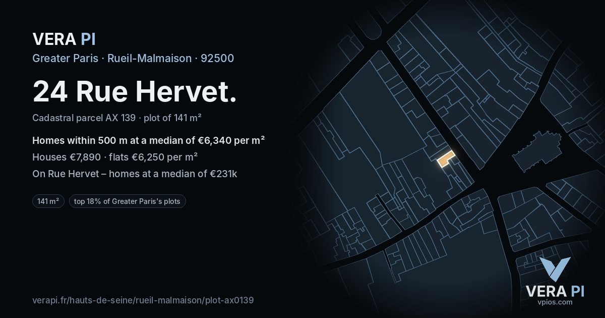 24 Rue Hervet, Rueil-Malmaison at night – the plot lit, the parcels around coloured by the prices near them
