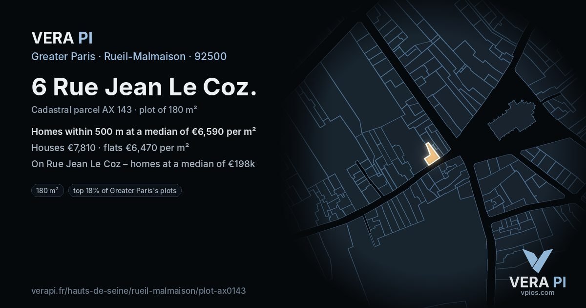 6 Rue Jean Le Coz, Rueil-Malmaison at night – the plot lit, the parcels around coloured by the prices near them