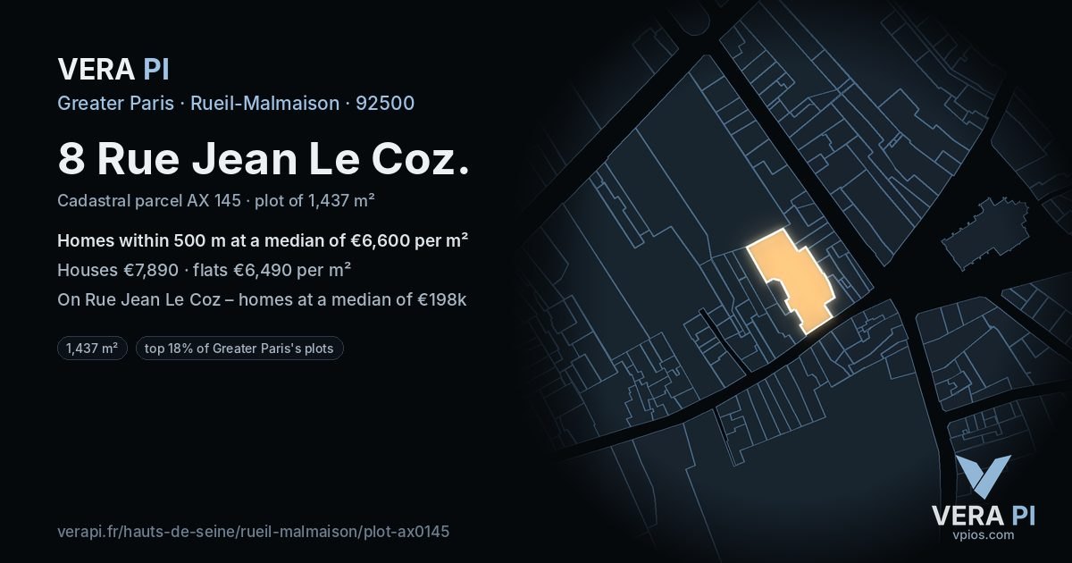 8 Rue Jean Le Coz, Rueil-Malmaison at night – the plot lit, the parcels around coloured by the prices near them