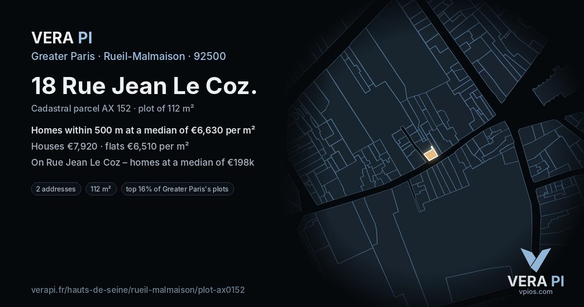 18 Rue Jean Le Coz, Rueil-Malmaison at night – the plot lit, the parcels around coloured by the prices near them