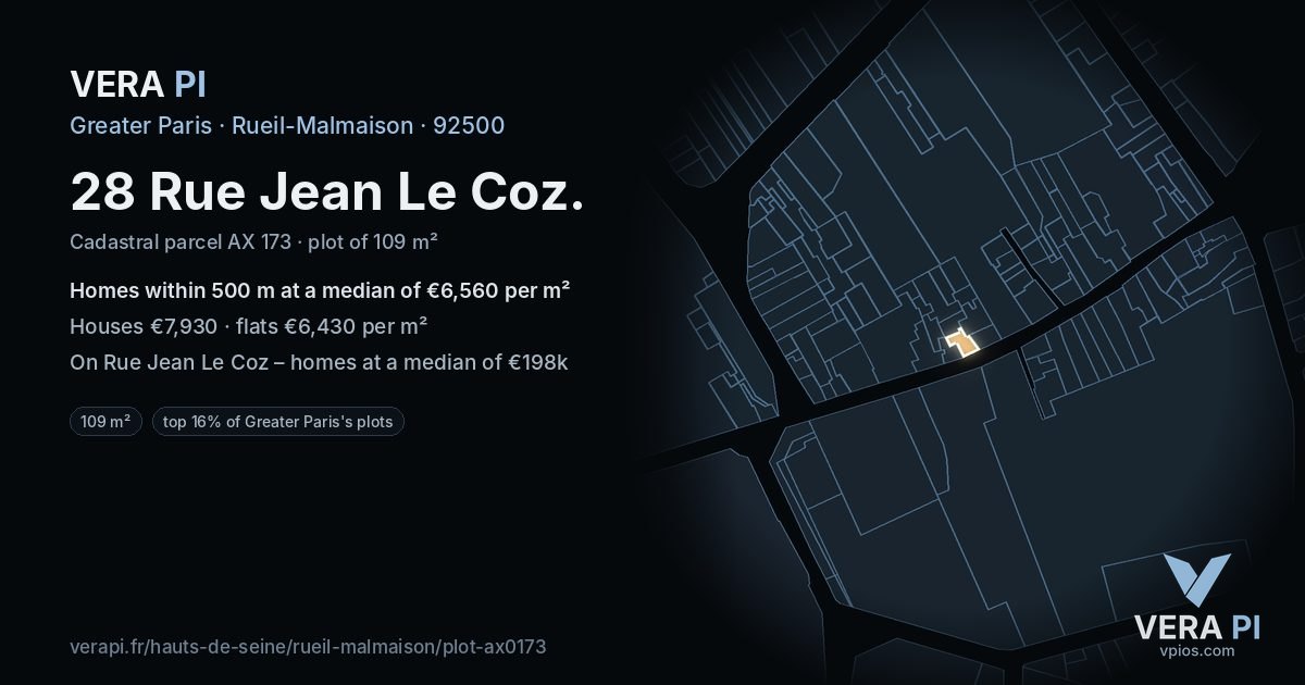 28 Rue Jean Le Coz, Rueil-Malmaison at night – the plot lit, the parcels around coloured by the prices near them