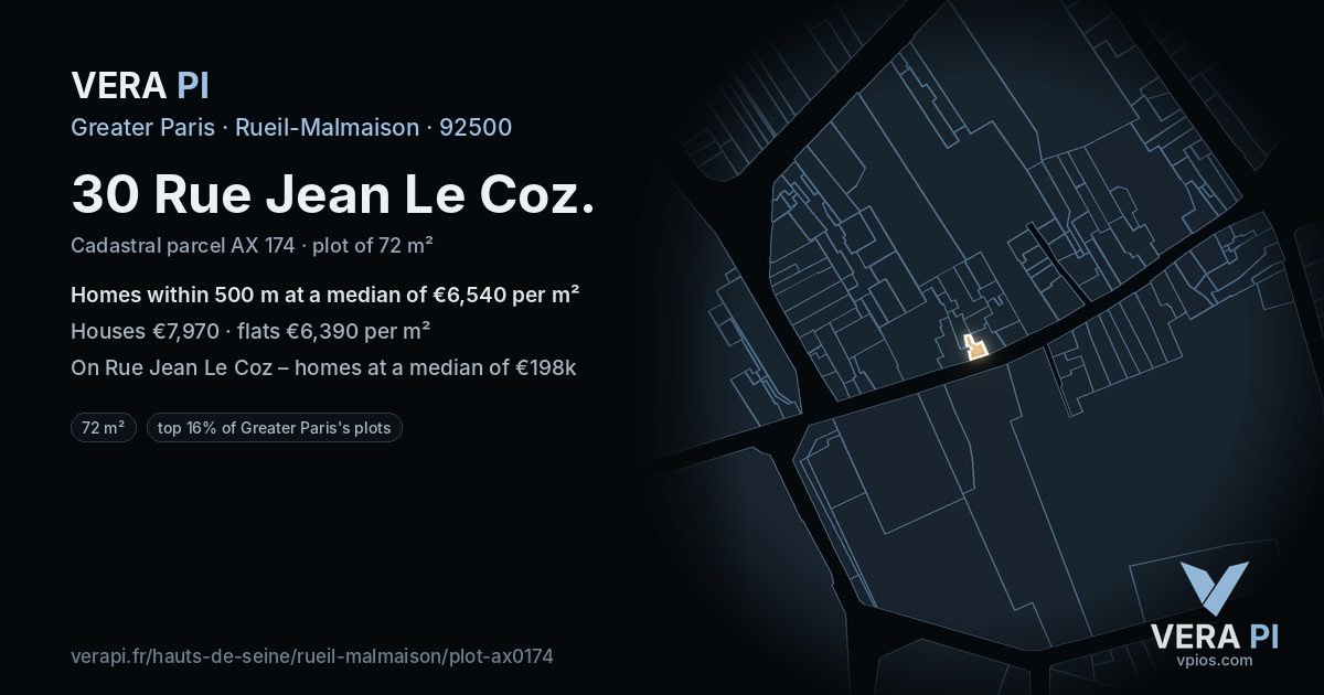 30 Rue Jean Le Coz, Rueil-Malmaison at night – the plot lit, the parcels around coloured by the prices near them