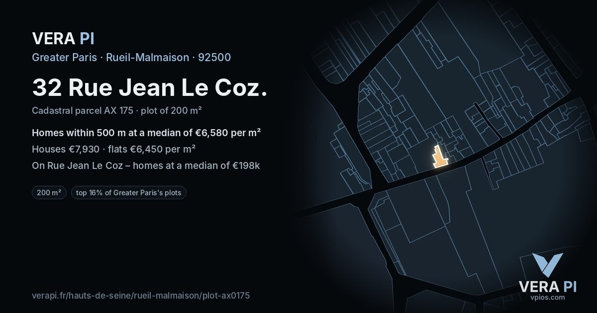 32 Rue Jean Le Coz, Rueil-Malmaison at night – the plot lit, the parcels around coloured by the prices near them