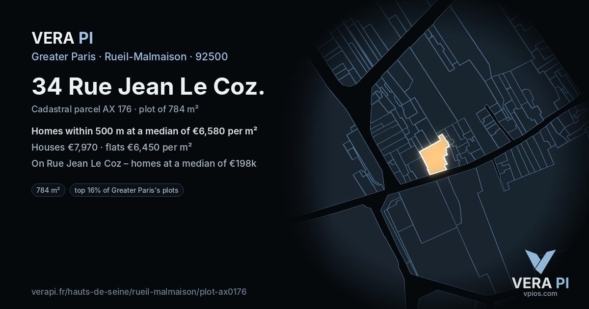 34 Rue Jean Le Coz, Rueil-Malmaison at night – the plot lit, the parcels around coloured by the prices near them