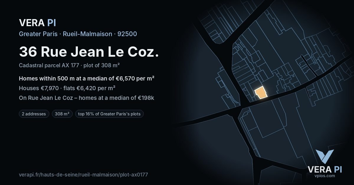 36 Rue Jean Le Coz, Rueil-Malmaison at night – the plot lit, the parcels around coloured by the prices near them