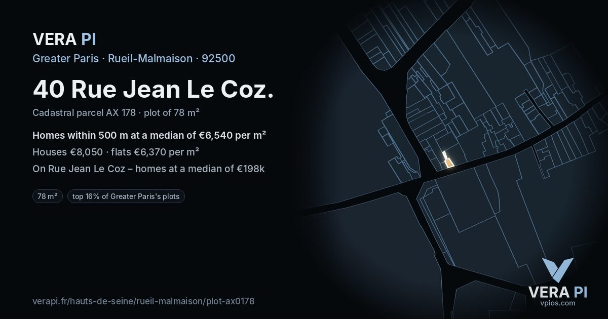 40 Rue Jean Le Coz, Rueil-Malmaison at night – the plot lit, the parcels around coloured by the prices near them