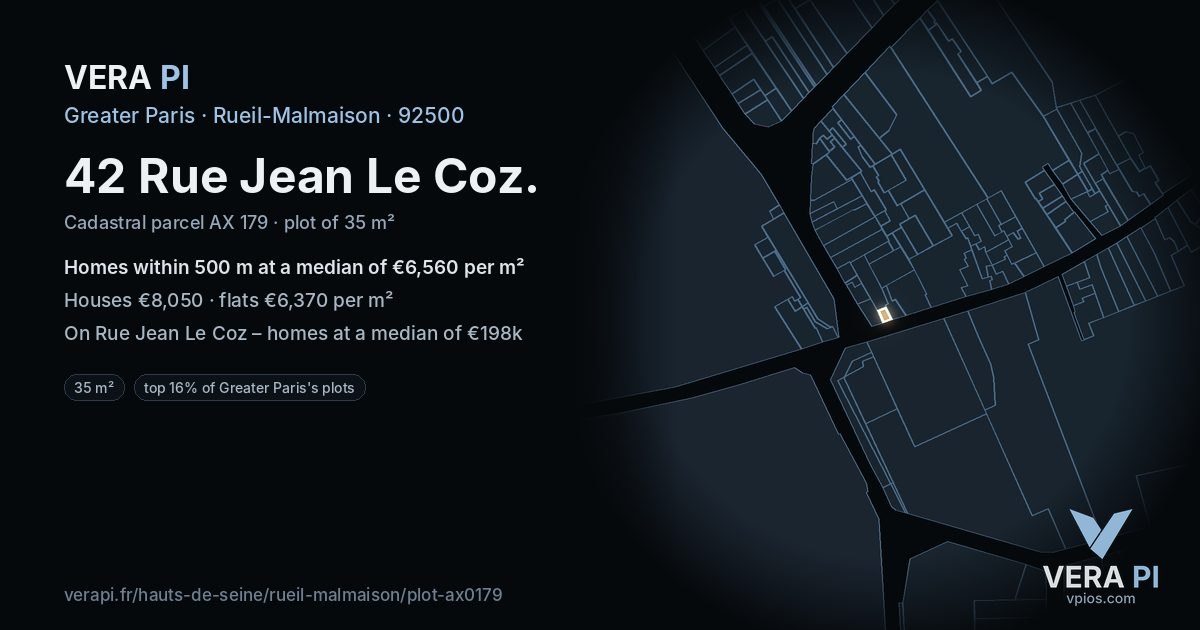 42 Rue Jean Le Coz, Rueil-Malmaison at night – the plot lit, the parcels around coloured by the prices near them