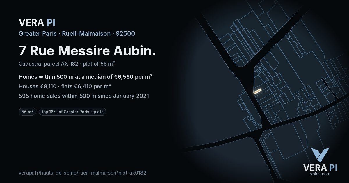 7 Rue Messire Aubin, Rueil-Malmaison at night – the plot lit, the parcels around coloured by the prices near them