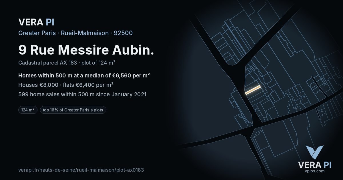 9 Rue Messire Aubin, Rueil-Malmaison at night – the plot lit, the parcels around coloured by the prices near them