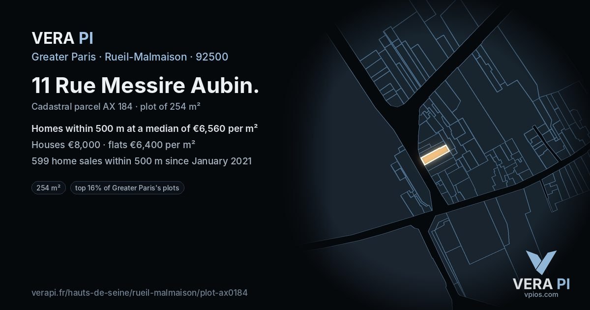 11 Rue Messire Aubin, Rueil-Malmaison at night – the plot lit, the parcels around coloured by the prices near them