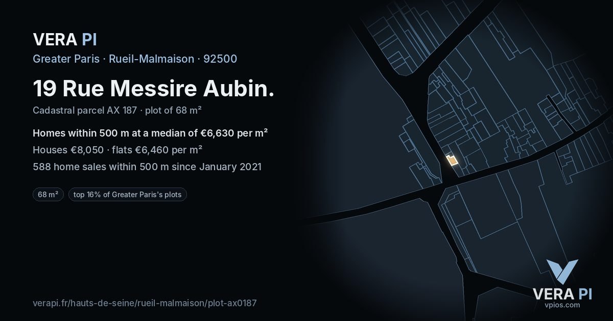 19 Rue Messire Aubin, Rueil-Malmaison at night – the plot lit, the parcels around coloured by the prices near them