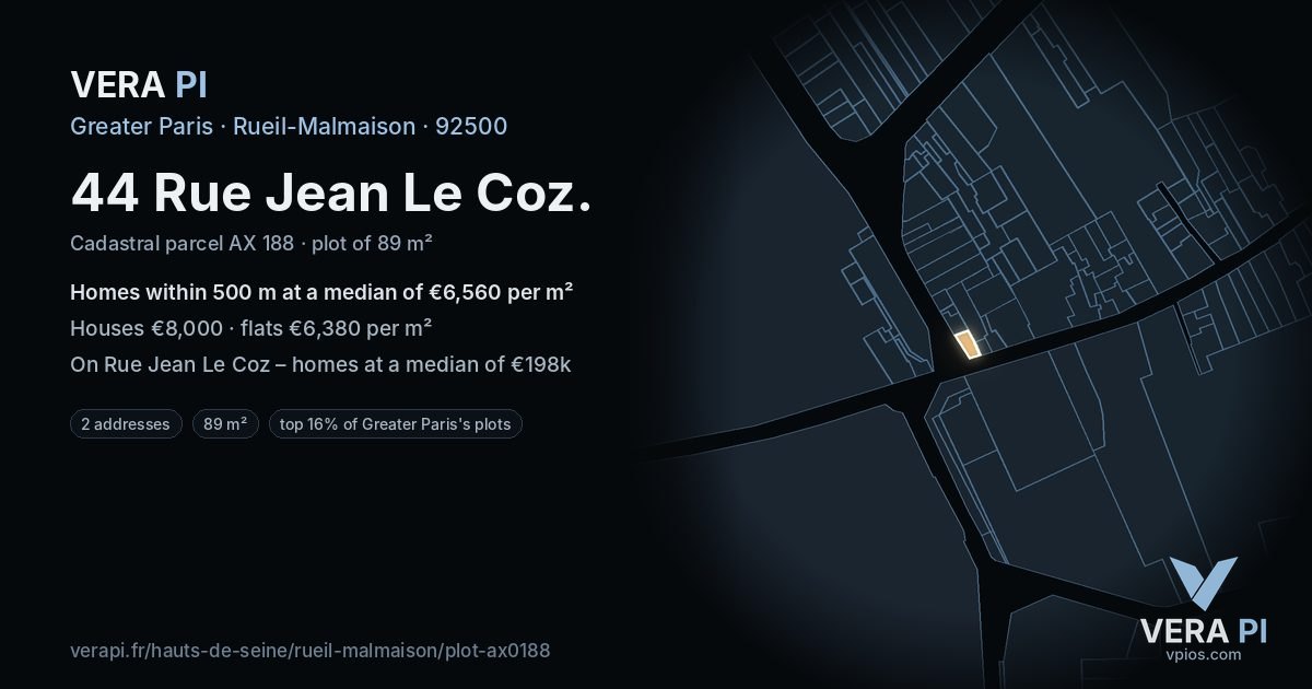 44 Rue Jean Le Coz, Rueil-Malmaison at night – the plot lit, the parcels around coloured by the prices near them