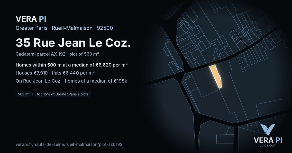 35 Rue Jean Le Coz, Rueil-Malmaison at night – the plot lit, the parcels around coloured by the prices near them