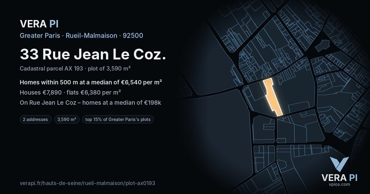 33 Rue Jean Le Coz, Rueil-Malmaison at night – the plot lit, the parcels around coloured by the prices near them
