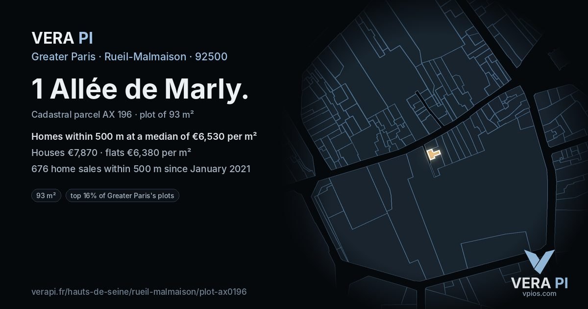 1 Allée de Marly, Rueil-Malmaison at night – the plot lit, the parcels around coloured by the prices near them