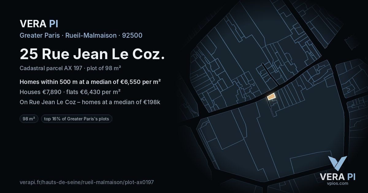 25 Rue Jean Le Coz, Rueil-Malmaison at night – the plot lit, the parcels around coloured by the prices near them