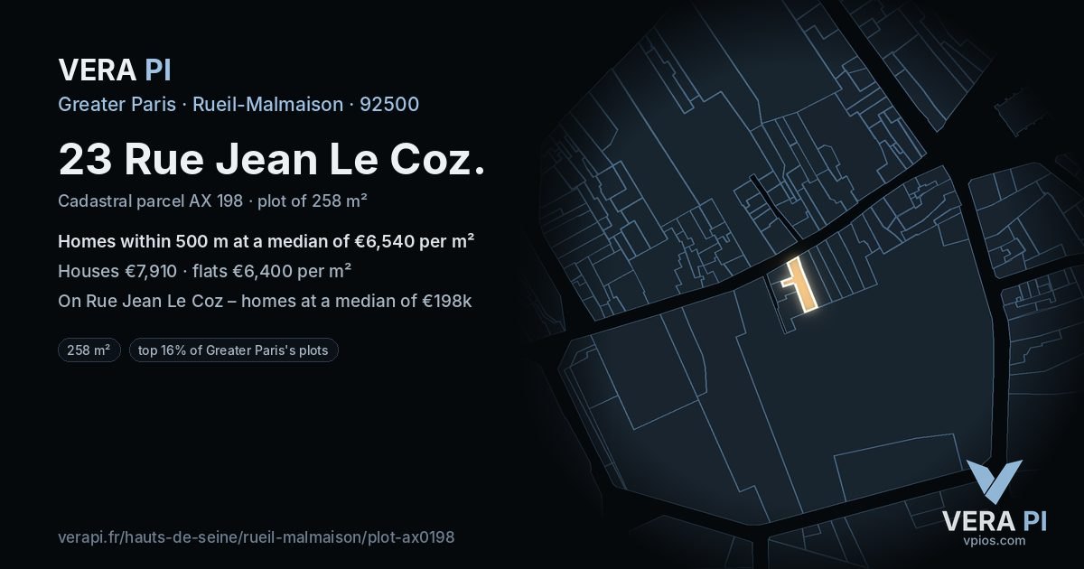 23 Rue Jean Le Coz, Rueil-Malmaison at night – the plot lit, the parcels around coloured by the prices near them