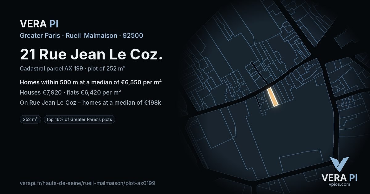 21 Rue Jean Le Coz, Rueil-Malmaison at night – the plot lit, the parcels around coloured by the prices near them
