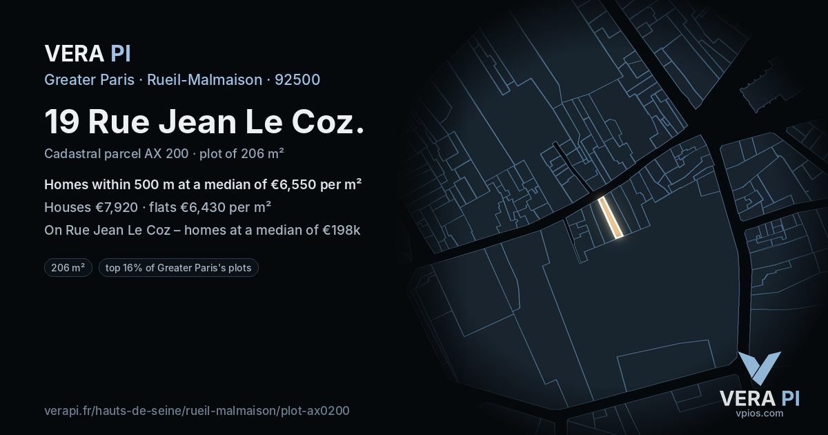 19 Rue Jean Le Coz, Rueil-Malmaison at night – the plot lit, the parcels around coloured by the prices near them
