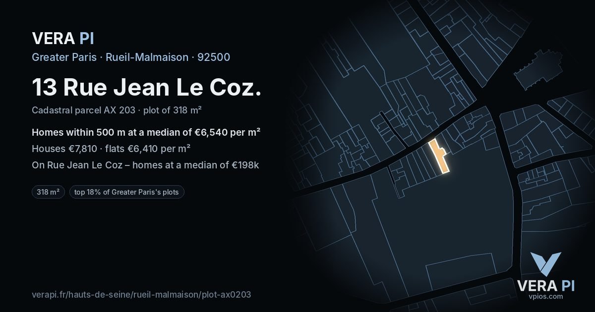 13 Rue Jean Le Coz, Rueil-Malmaison at night – the plot lit, the parcels around coloured by the prices near them