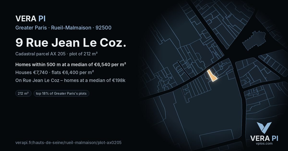 9 Rue Jean Le Coz, Rueil-Malmaison at night – the plot lit, the parcels around coloured by the prices near them