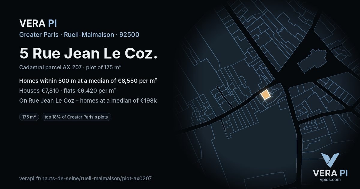 5 Rue Jean Le Coz, Rueil-Malmaison at night – the plot lit, the parcels around coloured by the prices near them