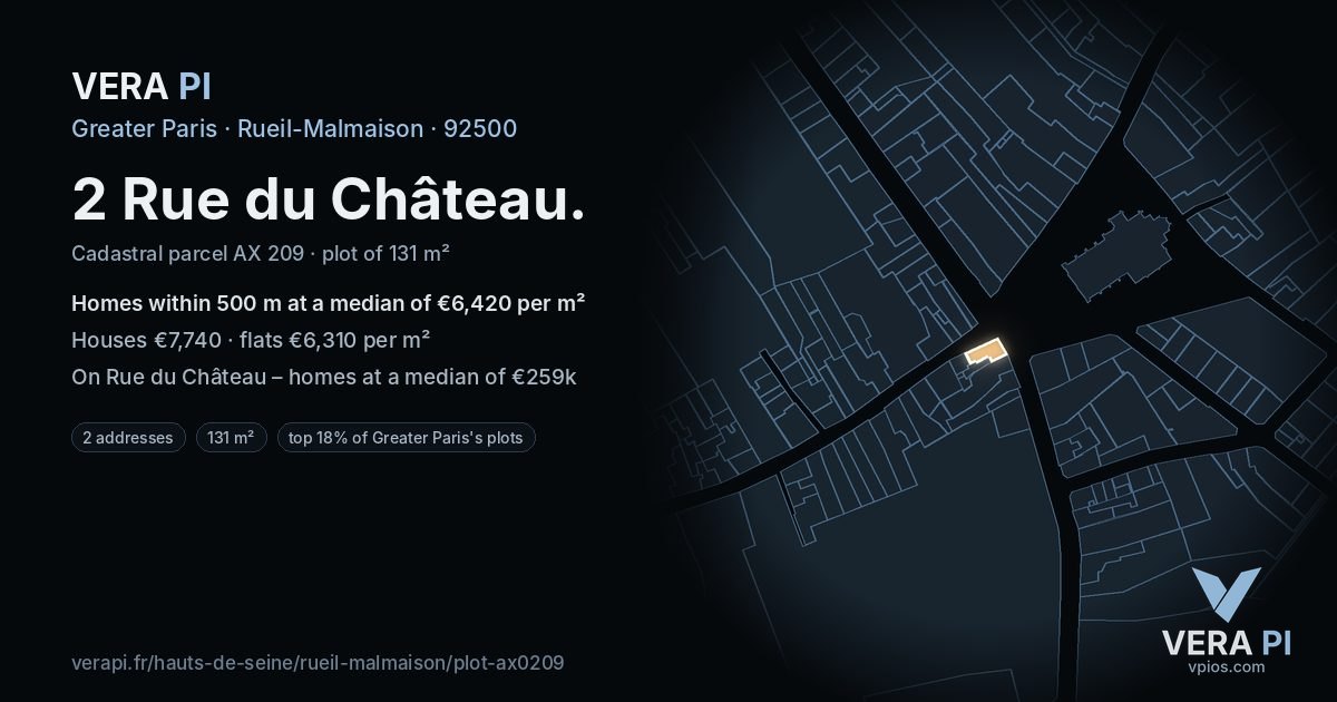 2 Rue du Château, Rueil-Malmaison at night – the plot lit, the parcels around coloured by the prices near them