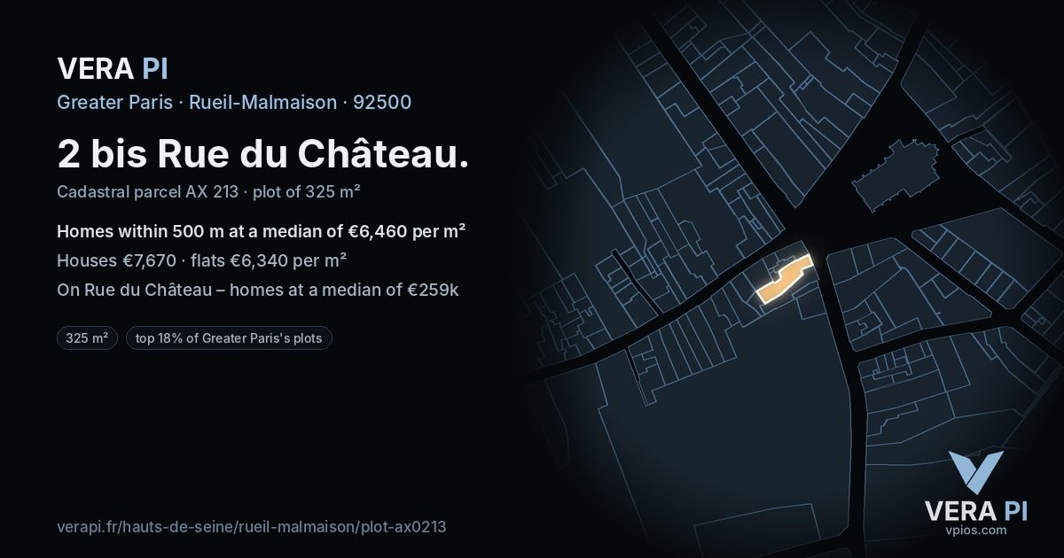 2 bis Rue du Château, Rueil-Malmaison at night – the plot lit, the parcels around coloured by the prices near them