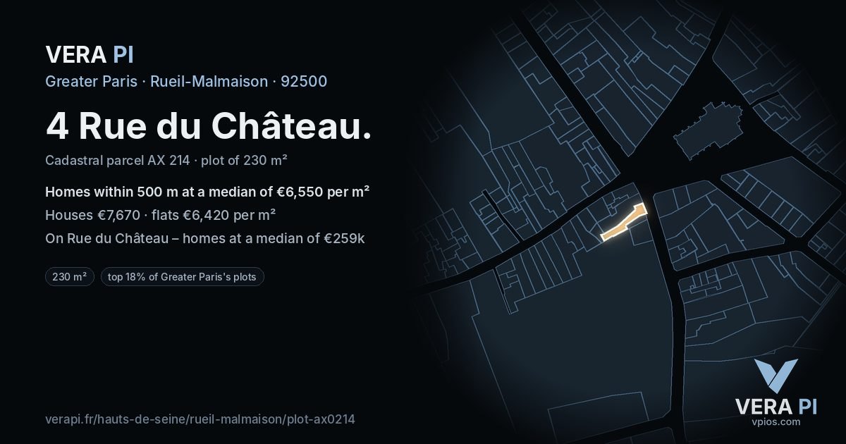 4 Rue du Château, Rueil-Malmaison at night – the plot lit, the parcels around coloured by the prices near them