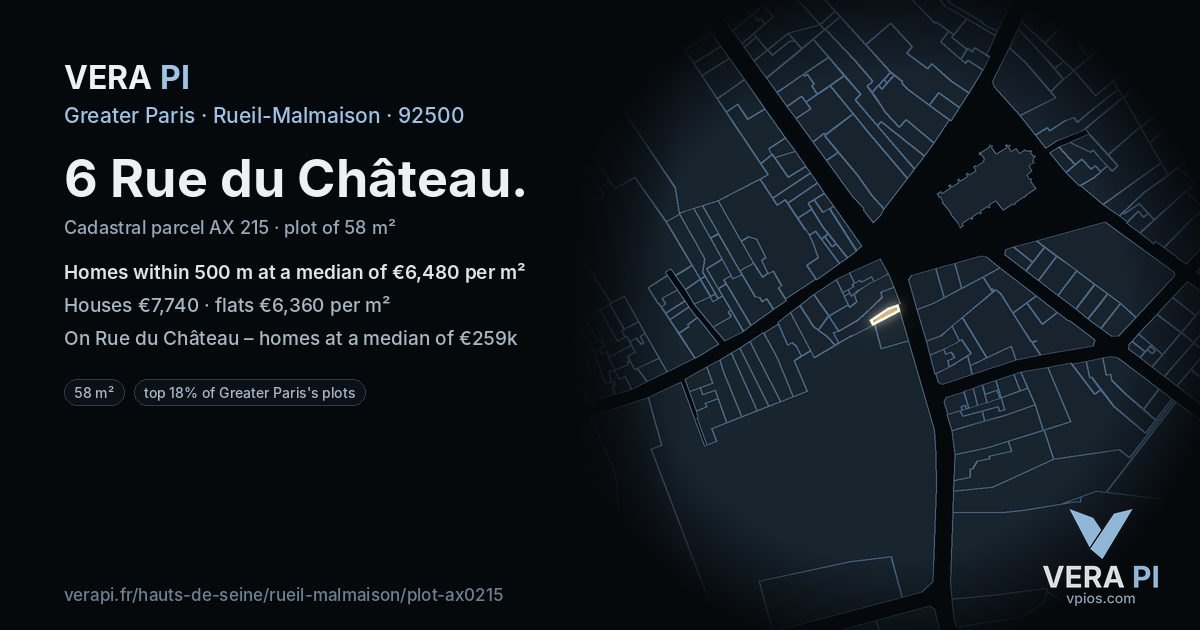 6 Rue du Château, Rueil-Malmaison at night – the plot lit, the parcels around coloured by the prices near them