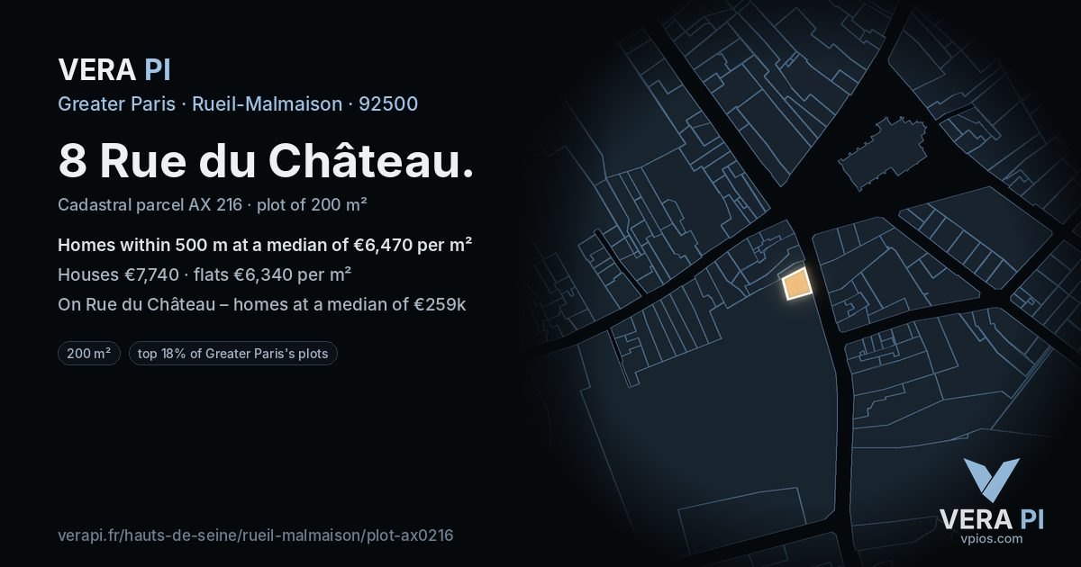 8 Rue du Château, Rueil-Malmaison at night – the plot lit, the parcels around coloured by the prices near them