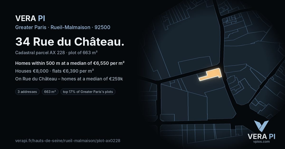 34 Rue du Château, Rueil-Malmaison at night – the plot lit, the parcels around coloured by the prices near them