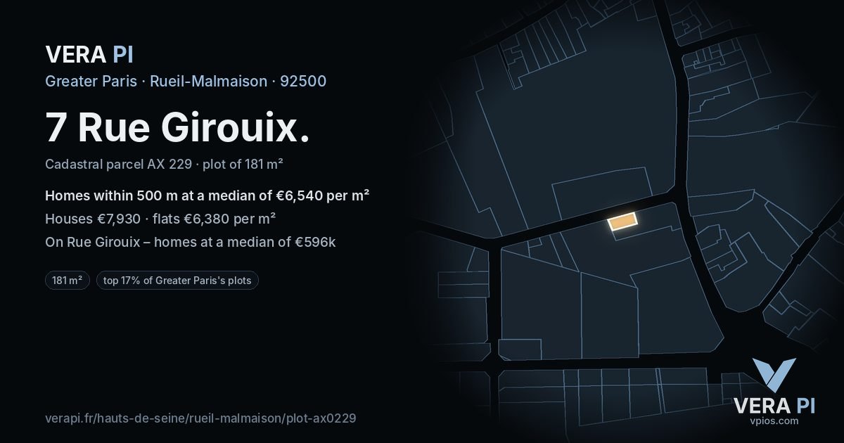 7 Rue Girouix, Rueil-Malmaison at night – the plot lit, the parcels around coloured by the prices near them