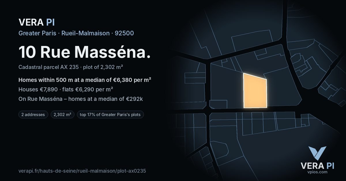 10 Rue Masséna, Rueil-Malmaison at night – the plot lit, the parcels around coloured by the prices near them